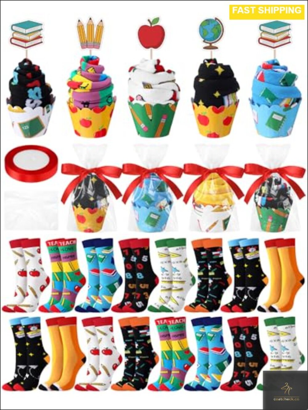 16 Pairs Teacher Crew Socks Gift Set Cupcake Christmas